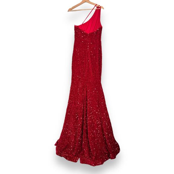 Faeriesty Red Sequin Velour Floor Length Mermaid One Shoulder Gown Women's M/L - Picture 2 of 13
